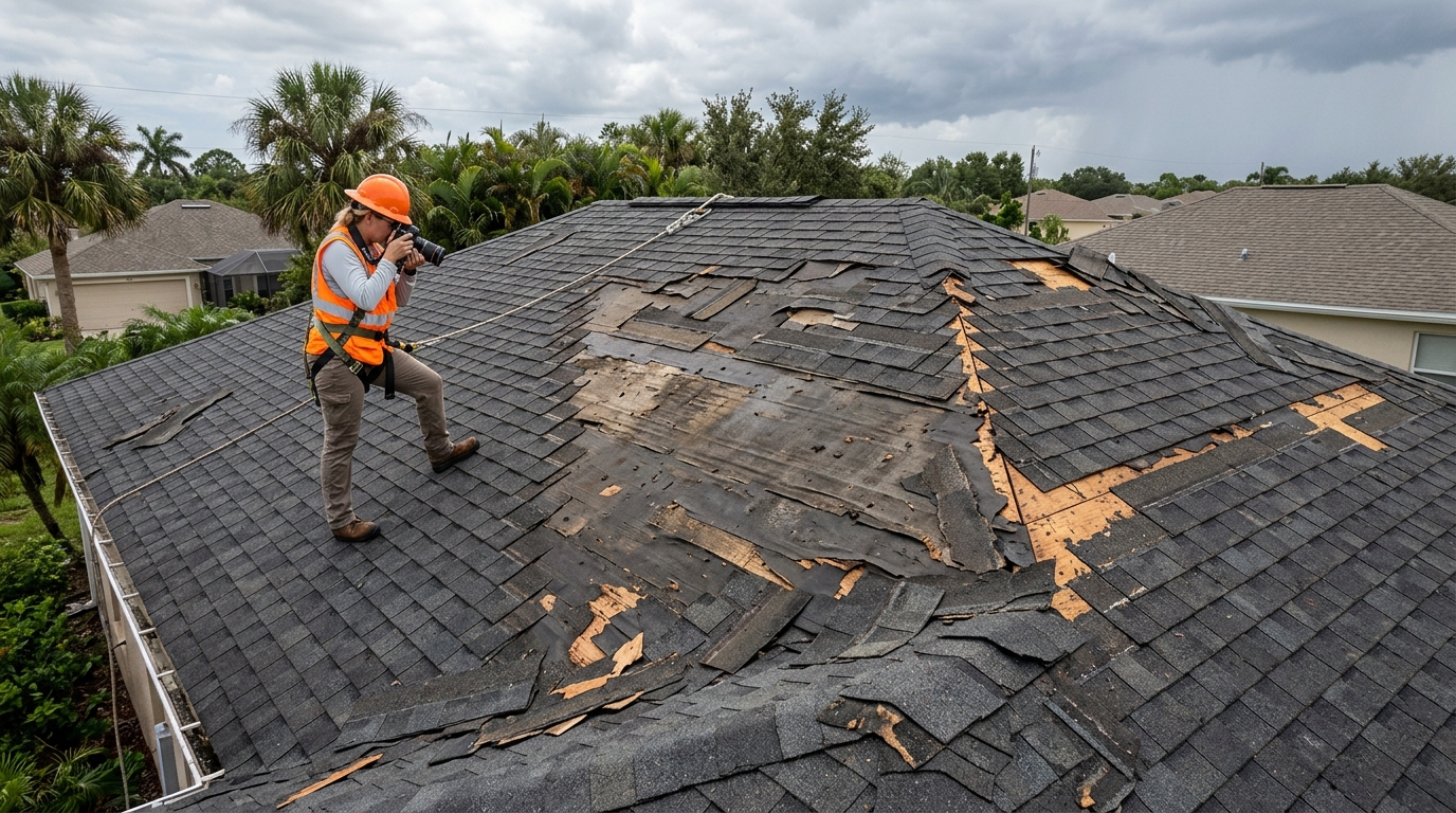 Damaged Torn Shingle Roof Before Replacement